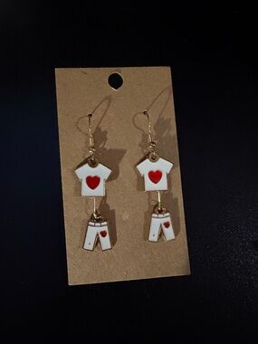 Cute Heart Tee & Pants Dangle Earrings - White & Red